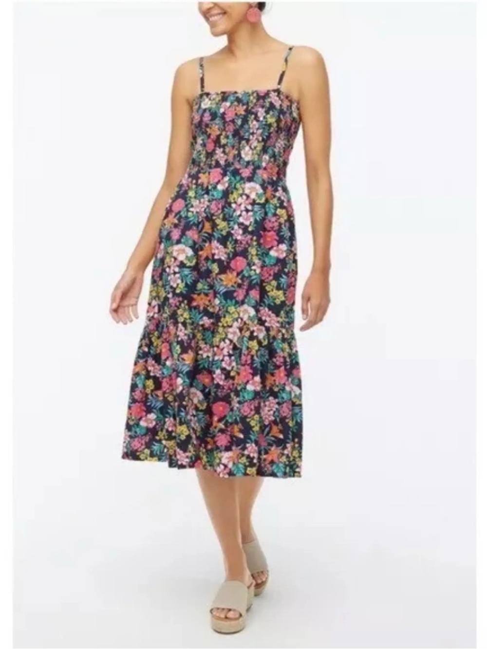 J Crew Factory Cotton Floral Smocked Top Spaghetti Strap Midi Dress M Petite